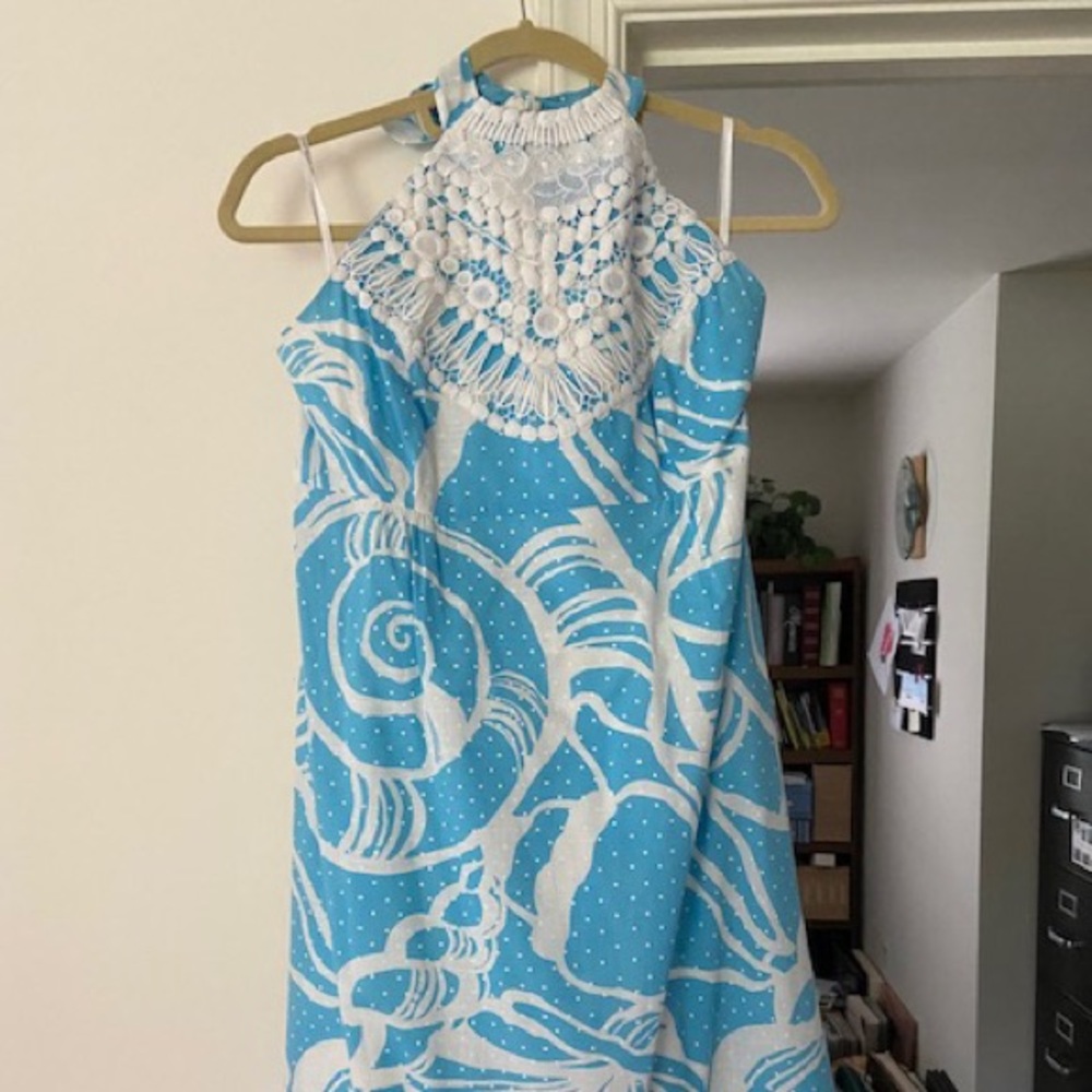 EUC Lilly Pulitzer Blue Halter Dress with White Detailing at neck Sz 10